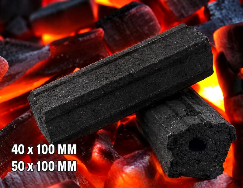 Elongated bar coconut shell charcoal briquettes for barbecue on glowing embers