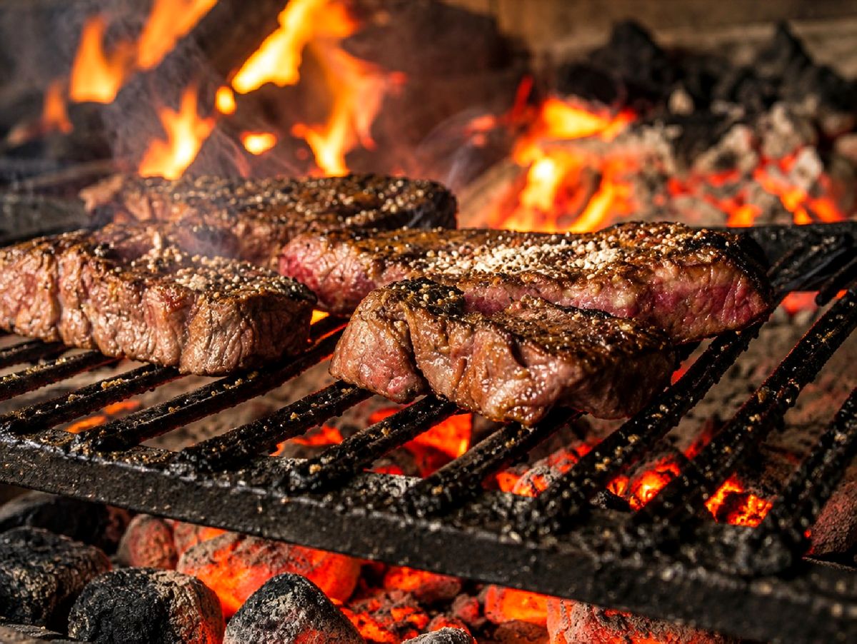 Steaks grilling over glowing coconut shell charcoal