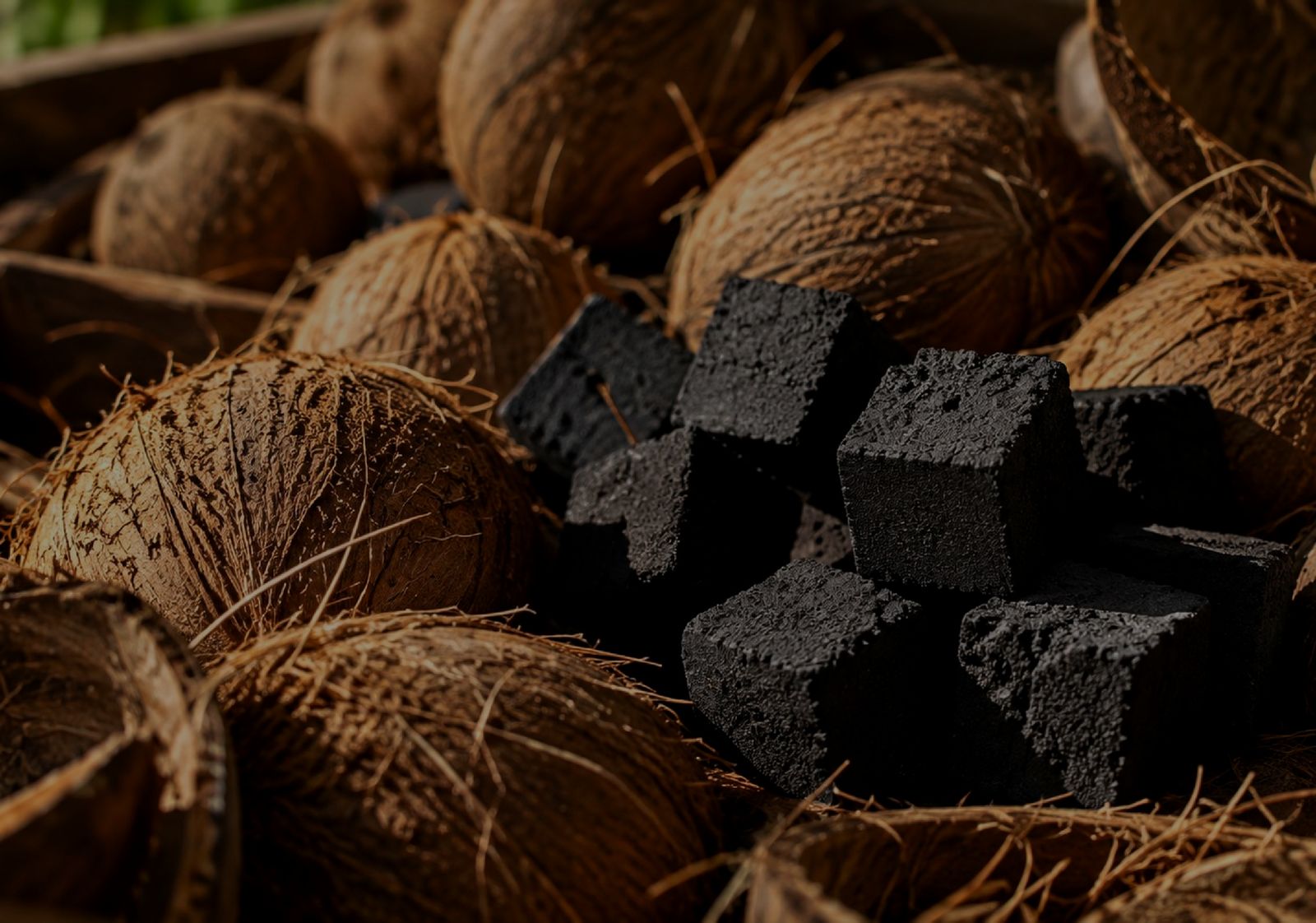 Coconut shells beside finished charcoal briquettes