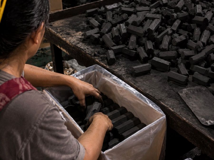 Worker packing briquettes in layers into a carton